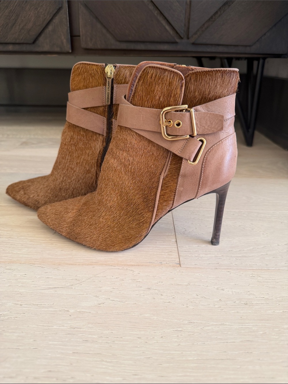 Donald J. Pliner Brown Haircalf Pointed Ankle Booties with Gold Buckle